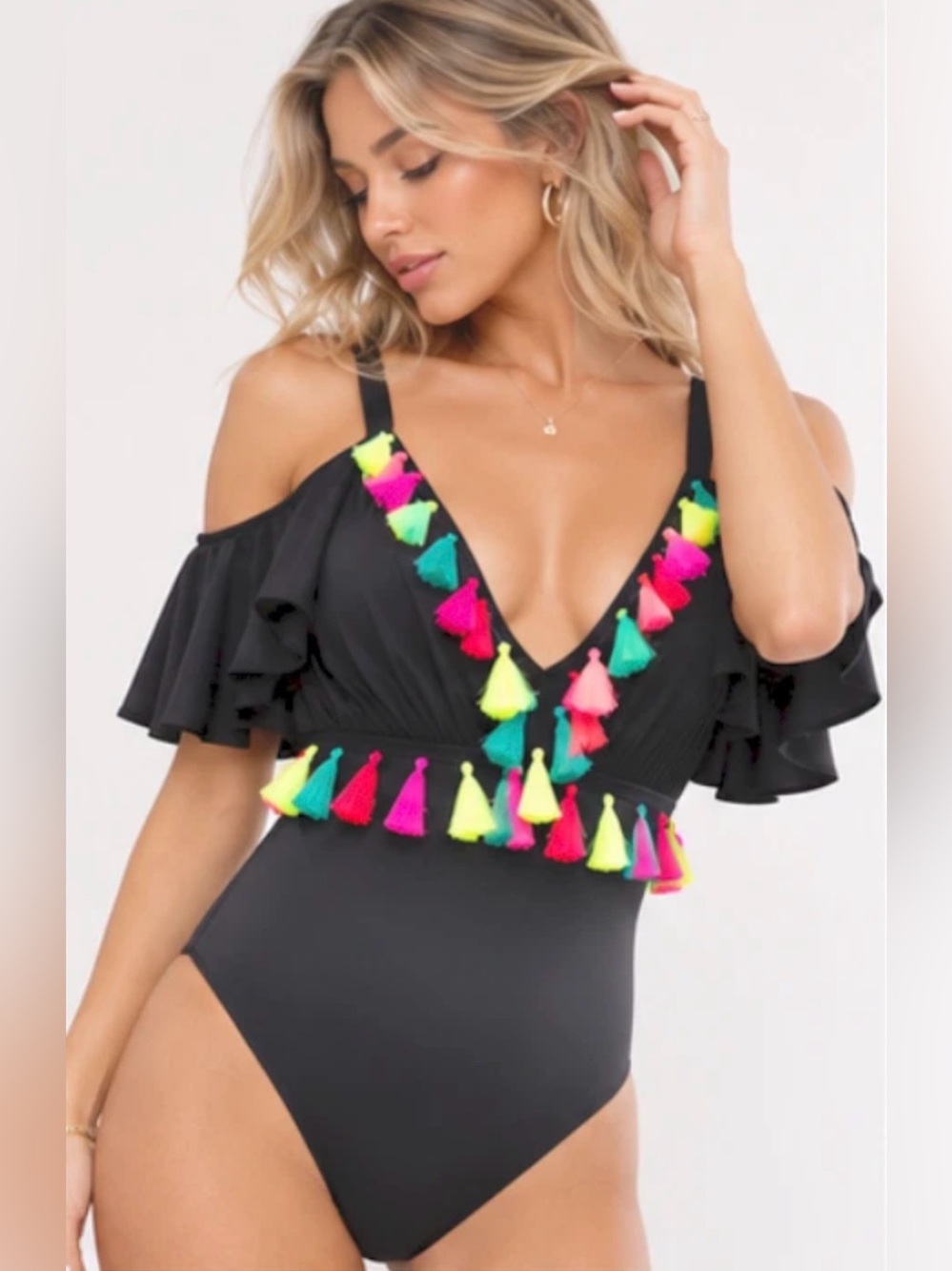 ASOS BLACK BRIGHT TASSEL TRIM BATWING COLD SHOULDER DRAPE ONE PIECE SWIMSUIT 4